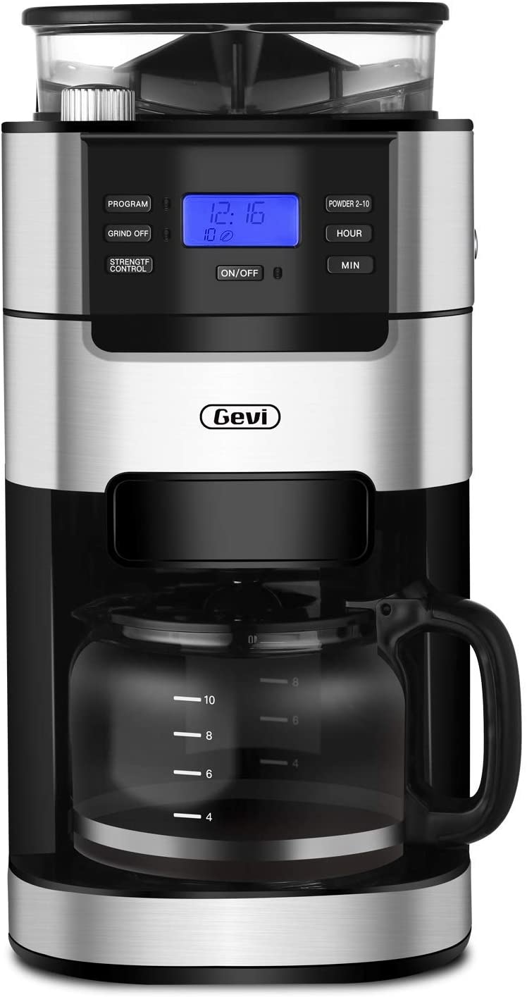 10-Cup Drip Coffee Maker, Grind and Brew Automatic Coffee Machine with Built-In Burr Coffee Grinder, Programmable Timer Mode and Keep Warm Plate