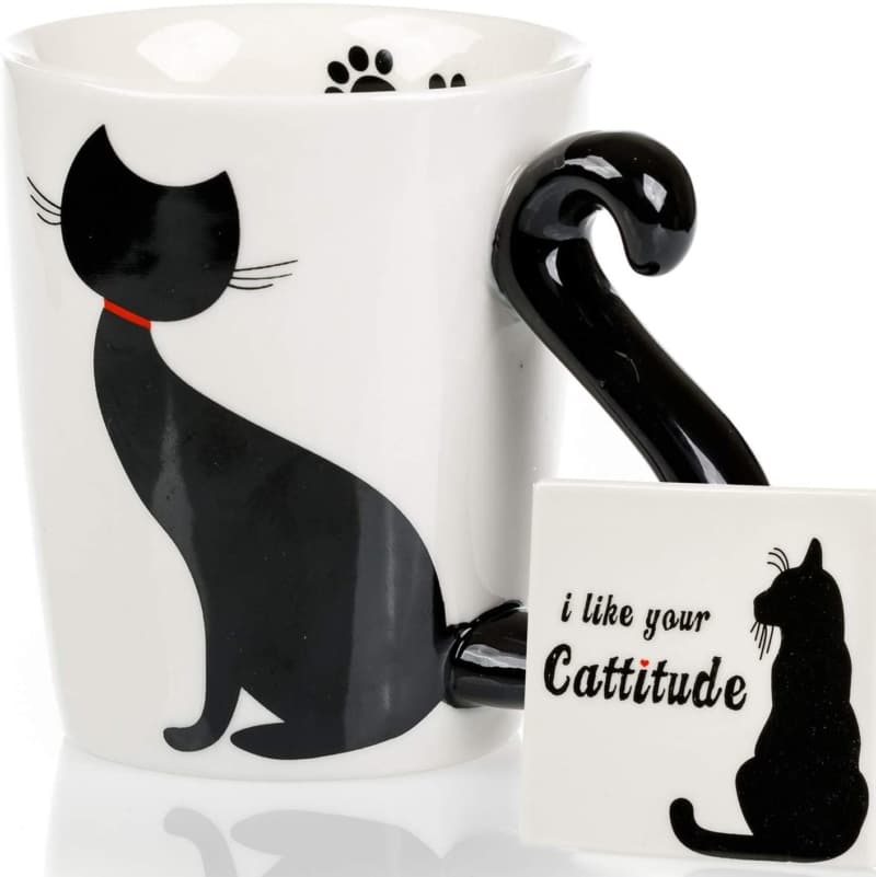 1. Cat Mug & Coaster Set -  Hand Painted Novelty 3D Black Ceramic Coffee Mugs 