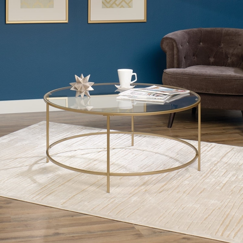 14. Sauder Int Round Lux Coffee Table with Glass and Gold Finish 417830 