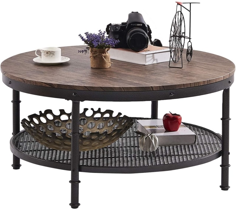 3. GreenForest Round Industrial Coffee Table (Rustic Walnut) 