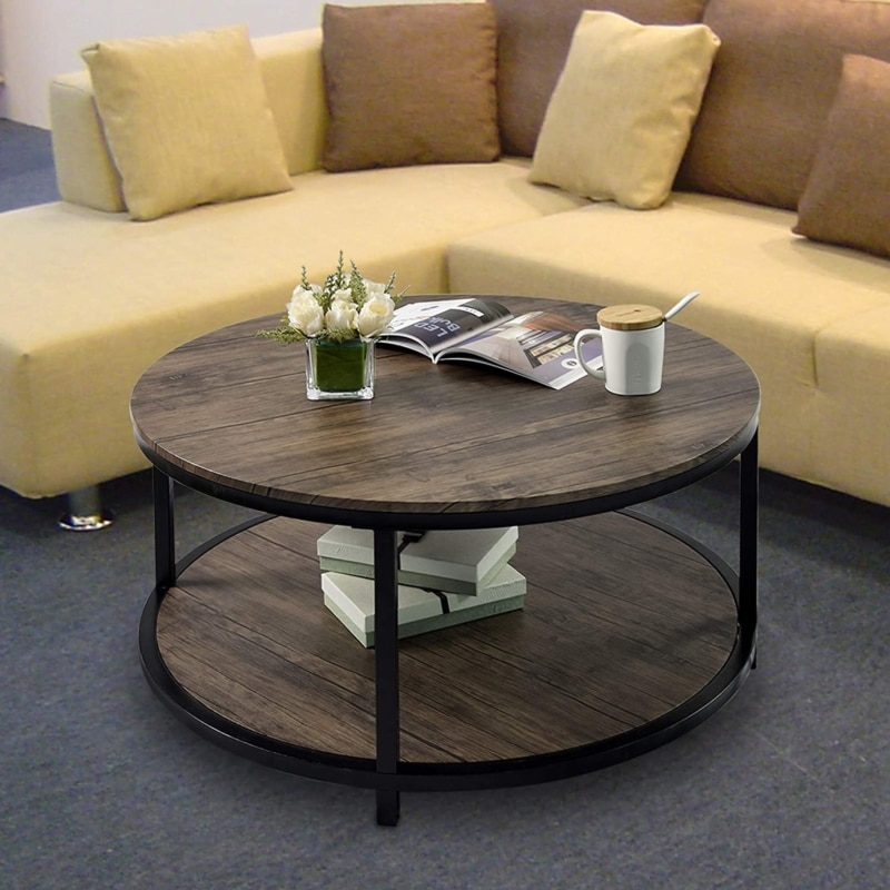  6. CharaHOME Vintage Round Rustic Coffee Table (Gray Brown)  