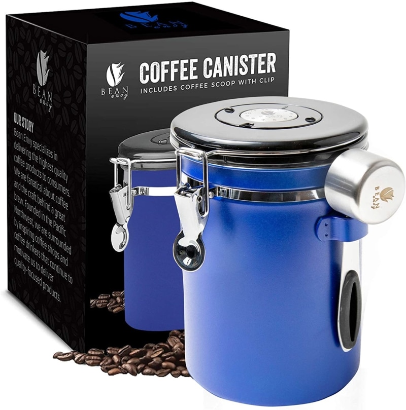 8. Blue Functional and Airtight Bean Envy Coffee Canister