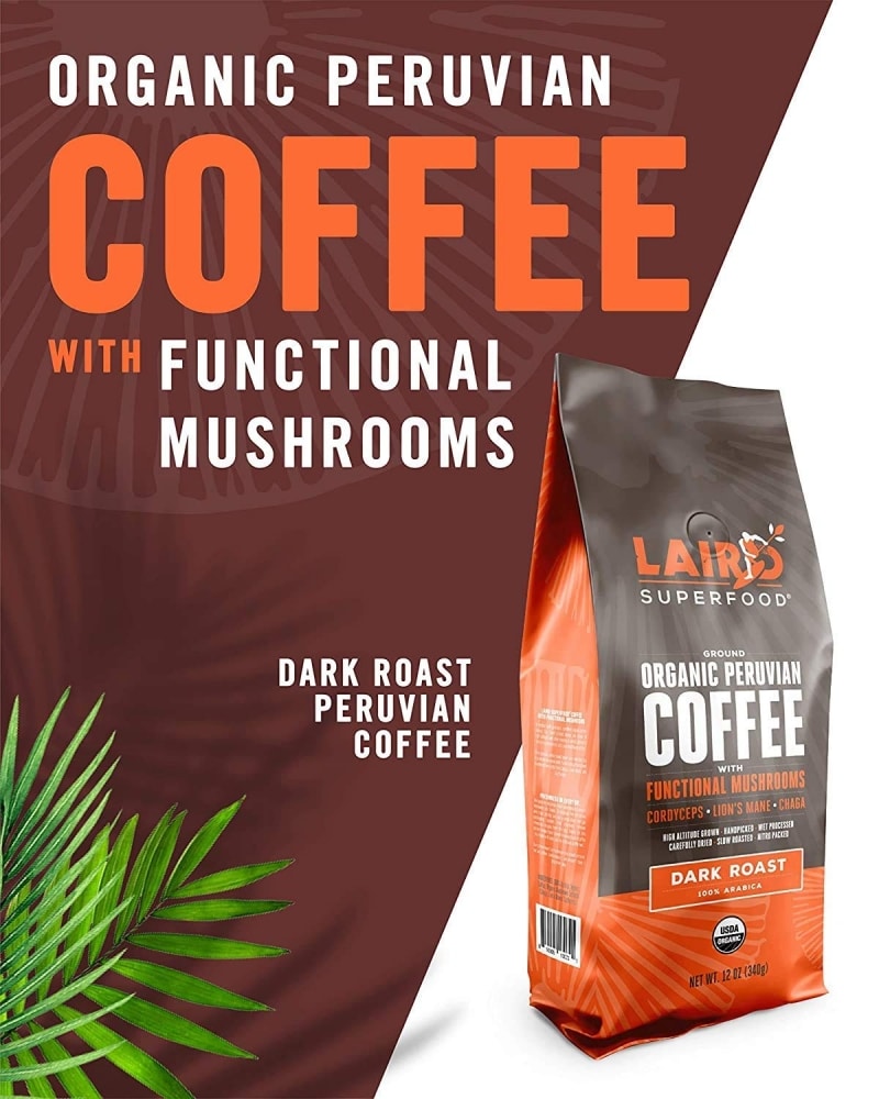 12. Laird Superfood Dark Roast Coffee with Functional Mushrooms 