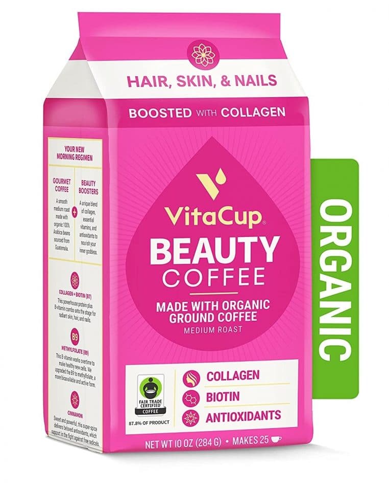 1. VitaCup Organic Beauty Ground Coffee with Collagen, Biotin, and Vitamin B for Drip Coffee Brewers and French Press, Fair Trade