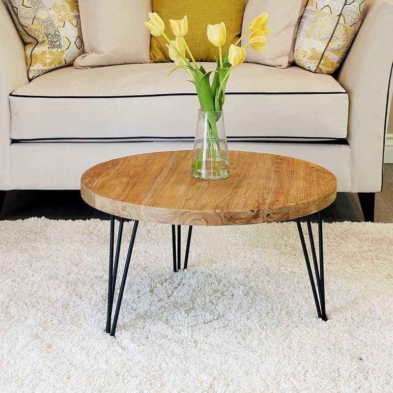 6. WELLAND Rustic Round Wooden Coffee Table 